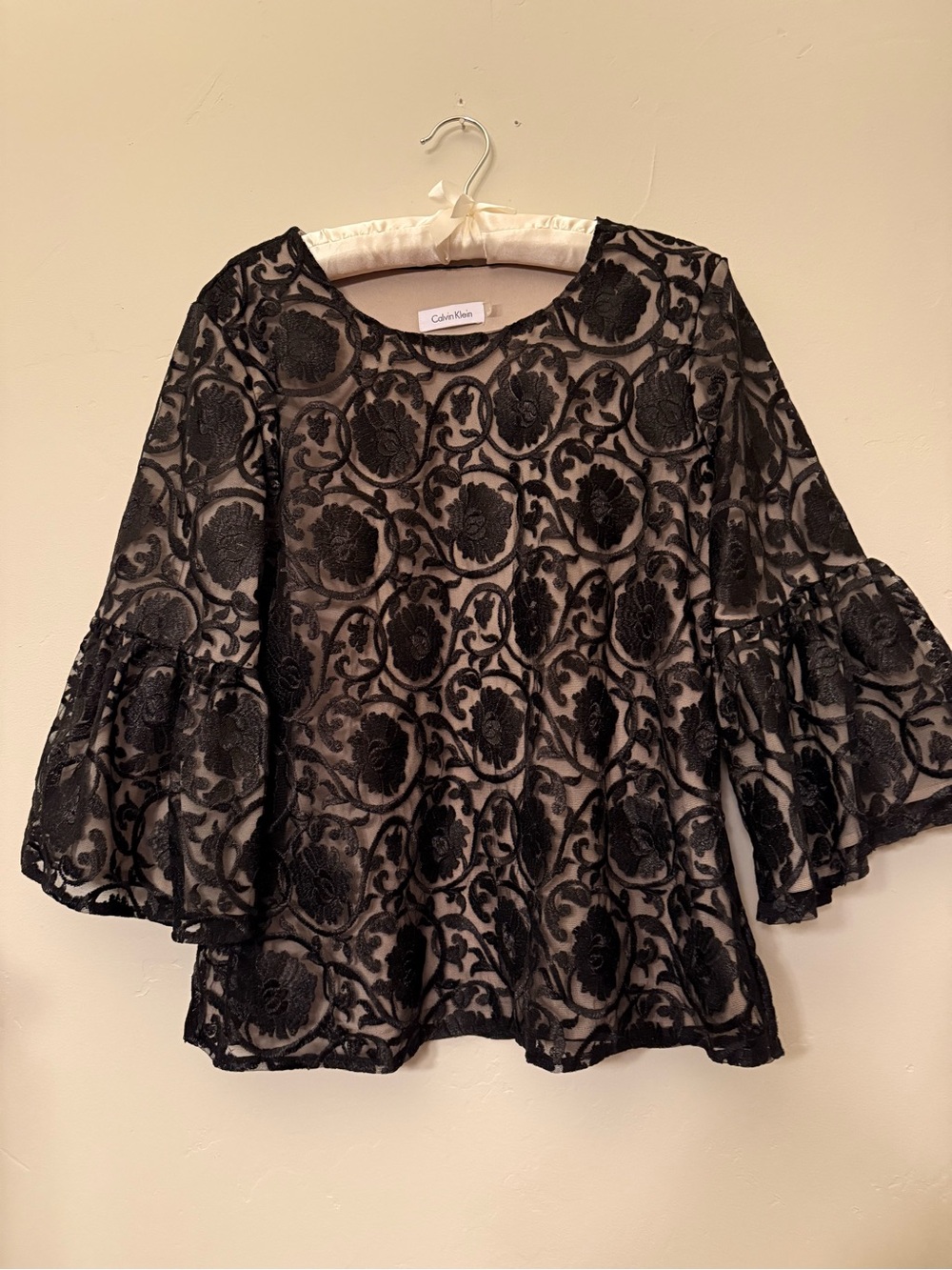 Calvin Klein Black Floral Lace Bell Sleeve Blouse Top M